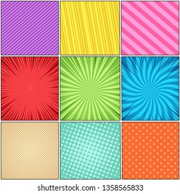 Comic colorful composition with radial halftone rays and stripes humor effects. Vector illustration