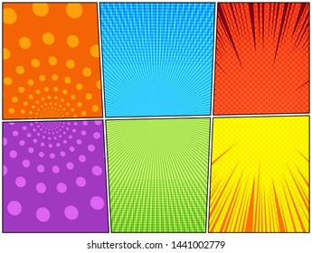 Comic colorful composition with radial halftone rays dotted spiral humor effects. Vector illustration