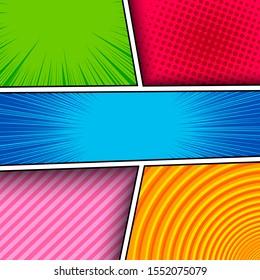 Comic colorful composition with rays dotted slanted stripes and circles effects. Vector illustration