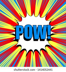 Comic colorful concept with blue Pow wording white speech bubble radial and rays humor effects. Vector illustration