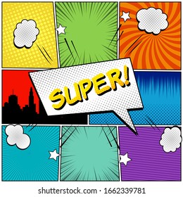 Comic colorful concept with Super wording on rectangular speech bubble stars clouds on pop art background. Vector illustration