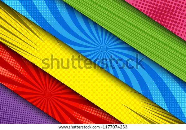 Comic colorful\
diagonal banners with radial rays stripes halftone and dotted humor\
effects. Vector\
illustration