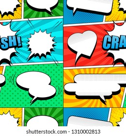 Comic colorful elegant seamless pattern with white speech bubbles Crash wording clouds sound and different humor effects. Vector illustration