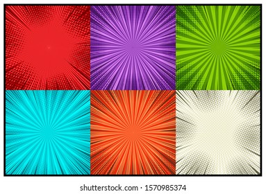 Comic colorful explosive backgrounds with radial rays and halftone effects. Vector illustration