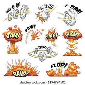 Comic colorful explosive elements collection with bursts explosions and boom effects isolated vector illustration