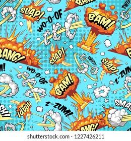 Comic colorful explosive seamless pattern with explosions bursts smoke clouds wordings speech bubbles on halftone turquoise background vector illustration