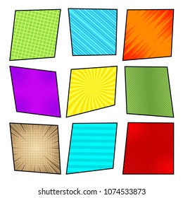 Comic colorful frames collection with radial slanted lines striped grid rays and halftone humor effects in pop-art style. Blank template. Vector illustration