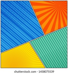 Comic colorful frames concept with radial slanted lines halftone humor effects. Vector illustration