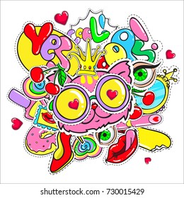 Comic colorful girl fashion patches template with badges and pins in doodle style vector illustration