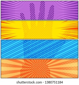 Comic colorful horizontal banners with halftone male hand shape and different humor effects. Vector illustration