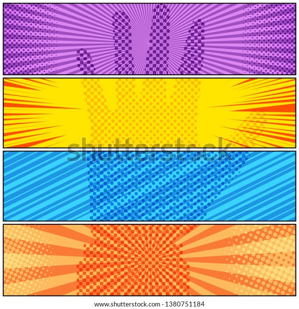 Comic\
colorful horizontal banners with halftone male hand shape and\
different humor effects. Vector\
illustration