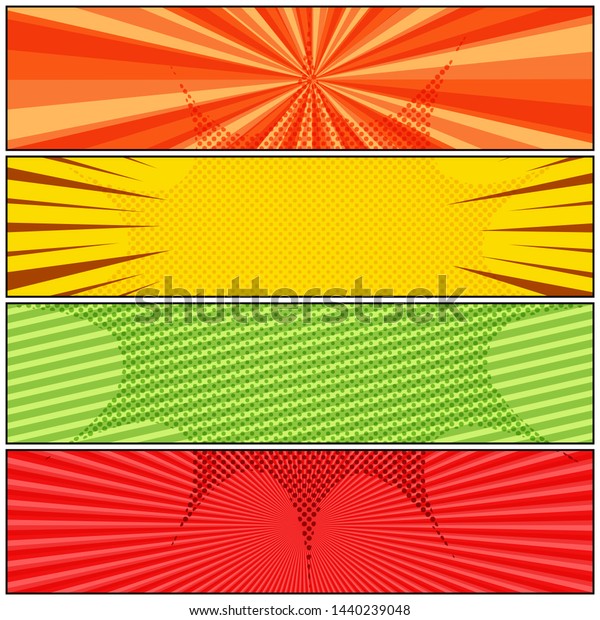 Comic colorful horizontal banners with\
halftone speech bubble shape radial slanted lines rays and dotted\
humor effects. Vector\
illustration