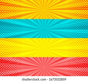 Comische bunt-waagerechte Banner mit Radial- und Halftoneffekten. Vektorillustration