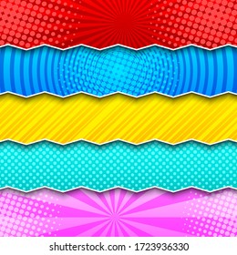 Comische bunt horizontale Banner mit Radialkreisen gestreifte gepunktete humorvolle Effekte und Zickzacklinien. Vektorgrafik