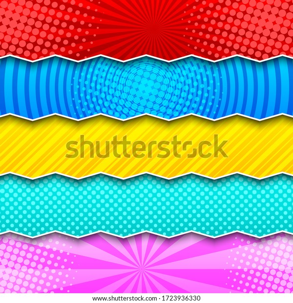 Comic colorful horizontal banners with\
radial circles halftone striped dotted humor effects and zigzag\
divided lines. Vector\
illustration