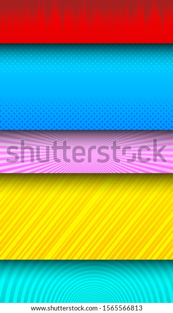 Comic colorful\
horizontal banners with rays stripes radial halftone circles\
effects. Vector\
illustration