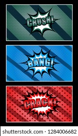 Comic colorful horizontal banners with speech bubbles Crush Crack Bang inscriptions slanted lines and halftone effects. Vector illustration