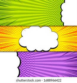 Comic colorful horizontal banners with speech clouds radial rays and halftone effects. Vector illustration