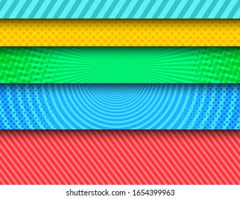 Comische bunt horizontale Banner mit Streifen Radialkreisen Halftoneffekte. Vektorillustration