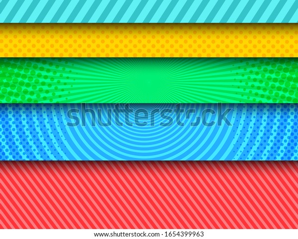 Comic colorful horizontal\
banners with stripes radial circles halftone effects. Vector\
illustration