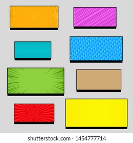 Comic colorful light banners composition with radial slanted lines spiral lightnings halftone rays dotted humor effects. Vector illustration