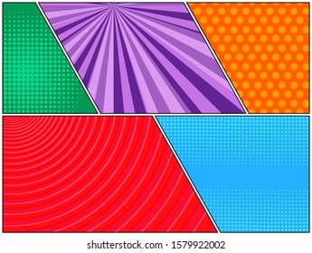 Comic colorful light composition with radial circles dotted halftone effects. Vector illustration
