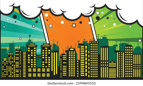 Comic colorful pop art background with city silhouette