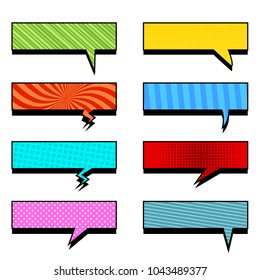 Comic colorful rectangular speech bubbles collection with slanted lines radial grid and dotted effects. Vector illustration