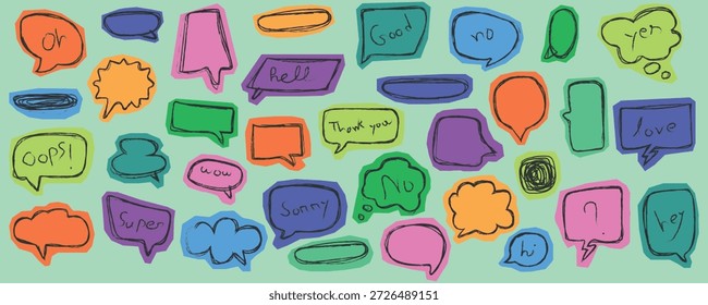 Burbujas de discurso de collage de álbumes de recortes de colores cómicos. Funky y2k colección de álbum de recortes de burbujas de discurso. Formas de burbujas de papel rasgadas para diálogo, mensaje y texto.