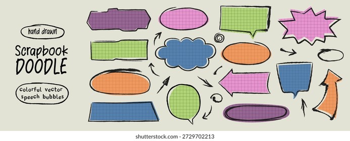 Comic colorful scrapbook speech bubble collection. Hand drawn vector sketch balloons, torn paper bubble shapes.
