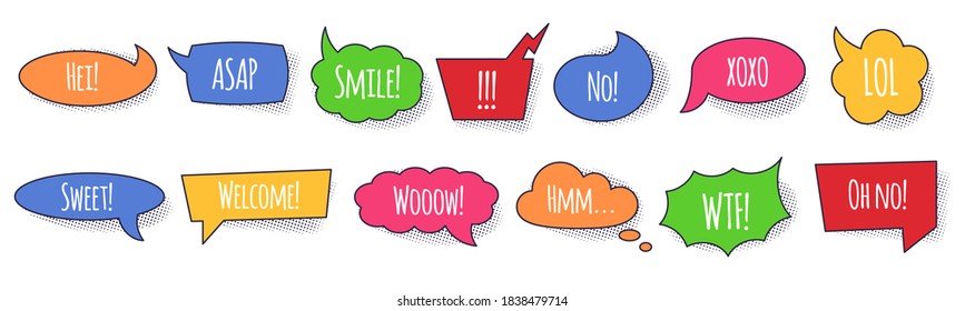 Comic colorful speech bubble set with conversation phrases and words in isolated vector illustration. Bubbles balloons and text boxes of various shapes with speech and think phrases and dotted shadow.