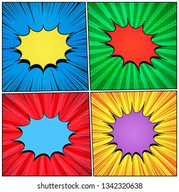 Comic colorful speech bubbles collection with blots radial halftone and rays humor effects. Vector illustration