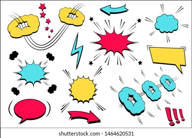 Comic colorful speech bubbles composition with blank clouds of different shapes stars arrows lightning and exclamation points. Vector illustration