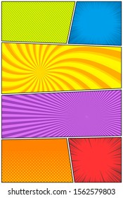 Comic colorful vertical background with radial rays halftone and stripes humor effects. Vector illustration