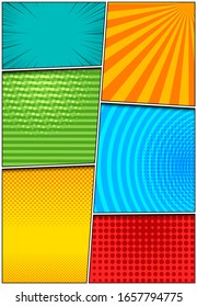 Comic colorful vertical background with rays stripes radial circles halftone effects. Vector illustration