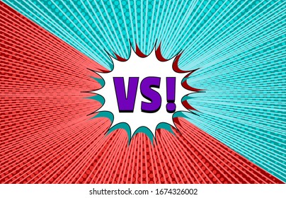 Comic competitive and duel concept with VS purple wording white speech bubble colorful rays and halftone effects. Vector illustration