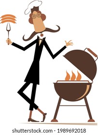 Comic cook with long mustache prepares meal on fire isolated illustration.
Comic cook with long mustache frying sausages and steaks on the grill isolated on white
