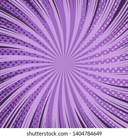 Comic cool bright purple background with dynamic twisted rays radial and halftone effects. Vector illustration