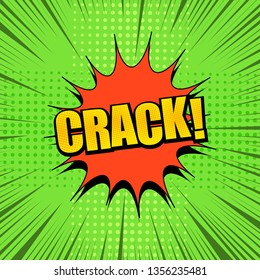 Comic cool green template with Crack inscription red speech bubble halftone and rays effects. Vector illustration