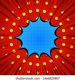Comic cool light template with blue speech bubble yellow dotted and red rays effects. Vector illustration