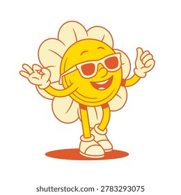 Comic cool yellow flower chamomile cartoon character in sunglasses contoured vector flat illustration. Funky positive summer floral blossom plant mascot in eyeglasses good ok okay alright