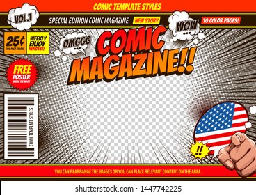 comic cover template background, flyer brochure speech bubbles, doodle art, Vector illustration, you can place relevant content on the area.