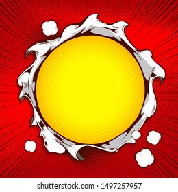 comic cover template, picture The circle of paper is torn in the middle on red background, flyer brochure speech bubbles, doodle art, Vector illustration, you can place relevant content on the area.