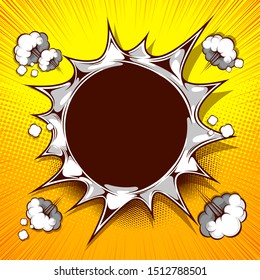 plantilla de portada cómica, imagen de agujeros de bala de papel está rota en el medio sobre fondo amarillo, burbujas de habla en el folleto del folleto, dibujo de doodle, ilustración vectorial.