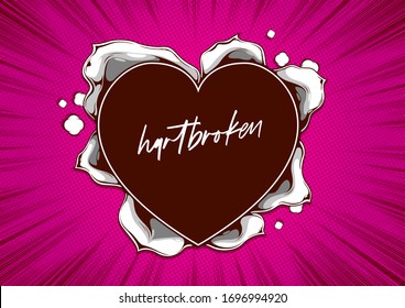 plantilla de portada cómica, forma de corazón de papel desgarrado sobre fondo rosa, burbujas de habla en el folleto del volante, ilustración vectorial.