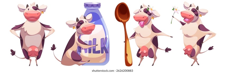 Comic cow characters set isolated on white background. Vector cartoon illustration of cute farm animal with udder smiling, hugging milk bottle, holding spoon, flower, happy dairy product mascot