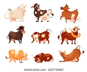 Comic cows of different breeds vector illustrations set. Jersey, Ayrshire, Holstein Friesian or Netherlands cow cartoon characters eating grass, standing or walking. Farming, domestic animals concept