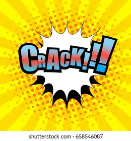 Comic Crack wording template with colorful inscription and white cloud on yellow halftone radial background. Vector illustration
