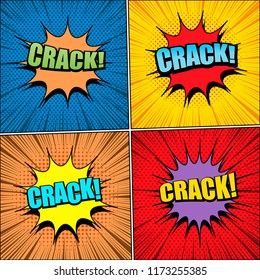 Comic Crack wordings collection with colorful inscriptions rays and halftone effects. Vector illustration