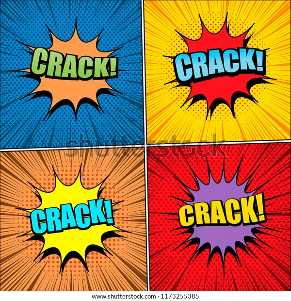 Comic Crack\
wordings collection with colorful inscriptions rays and halftone\
effects. Vector\
illustration